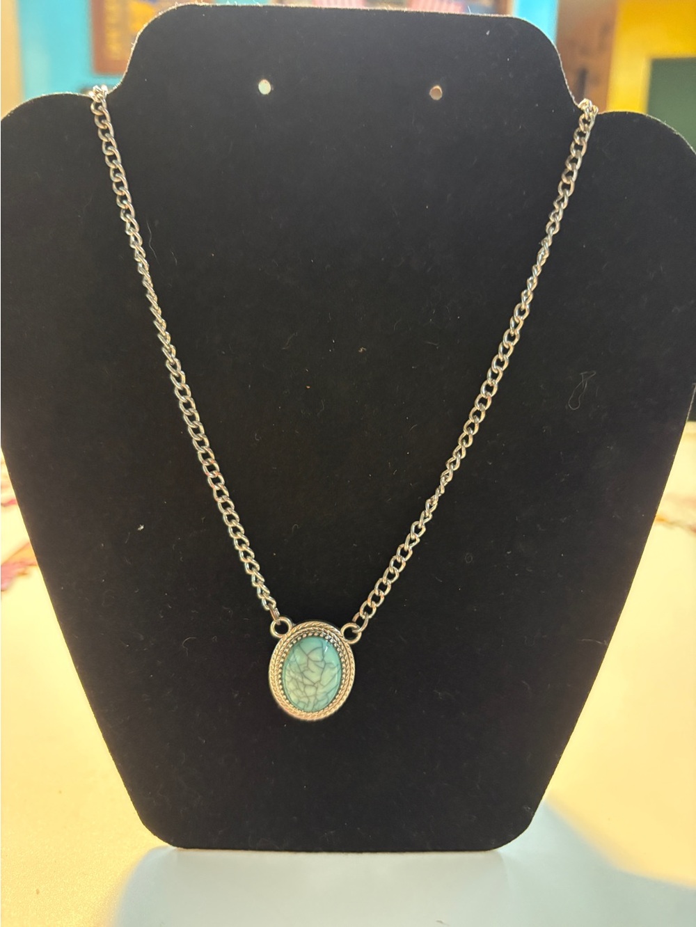 Silver Tone Chain Necklace with Turquoise Oval Pendant - Women Jewelry